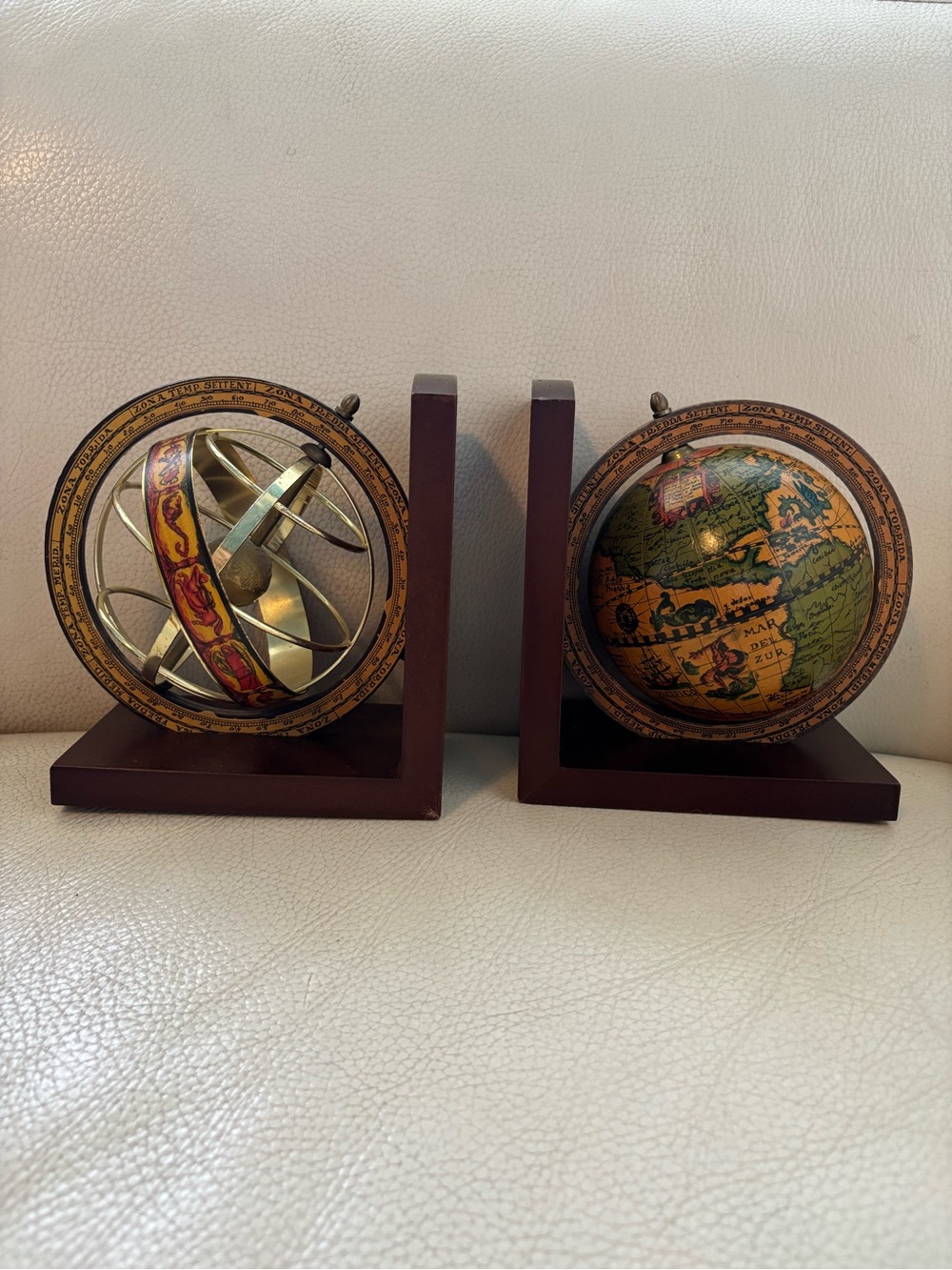 Vintage Brass and Brown Globe Bookends - Decorative Home Wall Decor